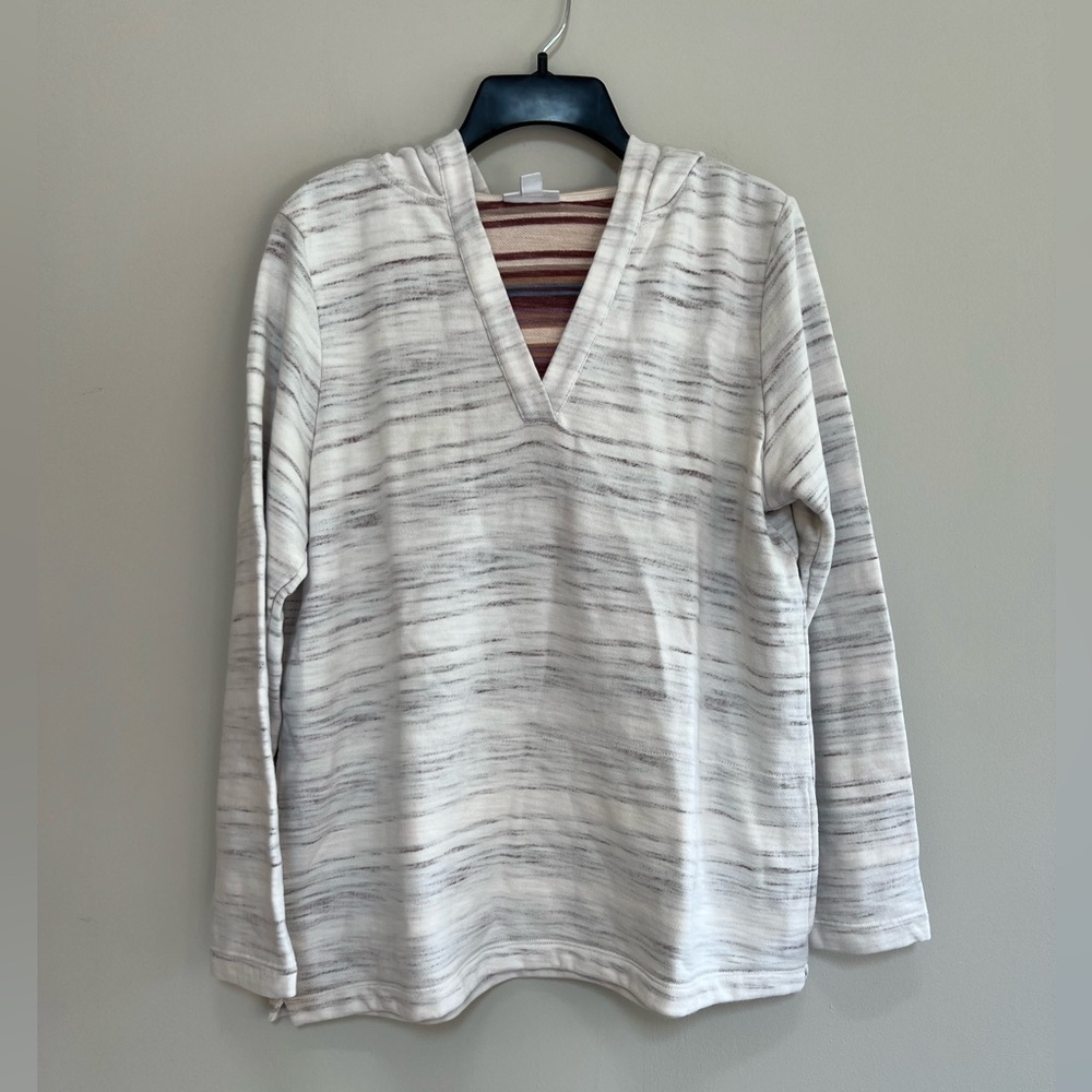Pure Jill Space Dyed Aztec Pullover V-Neck Hoodie, Cream with Gray Streaks, M